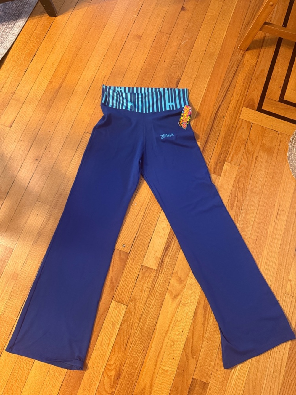 Zumba Blue Leggings with Teal Stripe Waistband